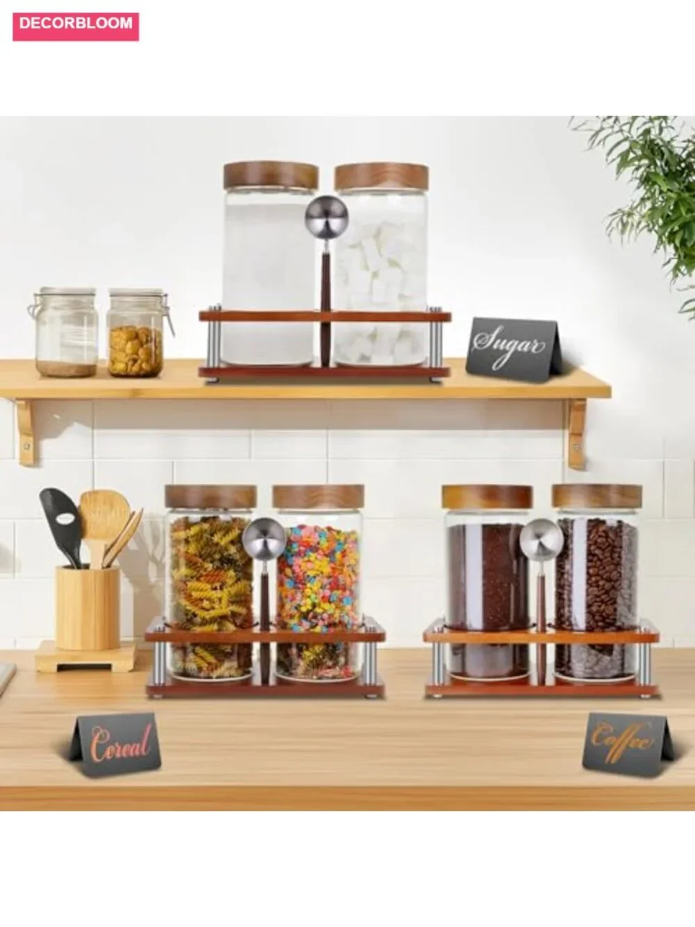 Glass Coffee Grounds Container with Bamboo Shelf, 2x45oz Airtight Jar with Spoon